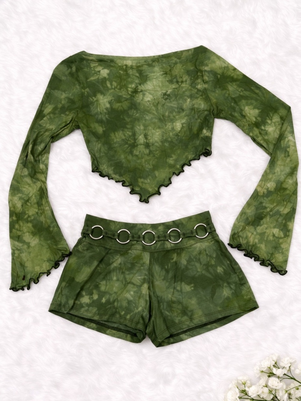 Medusa Moon Designs Green Tie-Dye Crop Top & Ring Belt Shorts Set